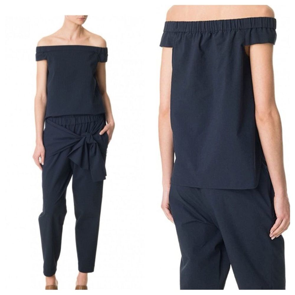 Tibi off the shoulder seersucker navy blue off the shoulder top size 0